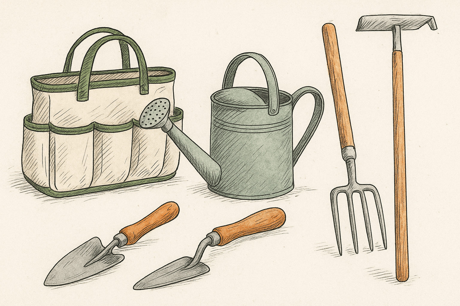 Hand-drawn vintage-style illustration of five essential allotment tools: a garden trug or tool bag, a hand trowel, a watering can, a garden fork, and a long-handled hoe, arranged in a horizontal layout with subtle colour accents.