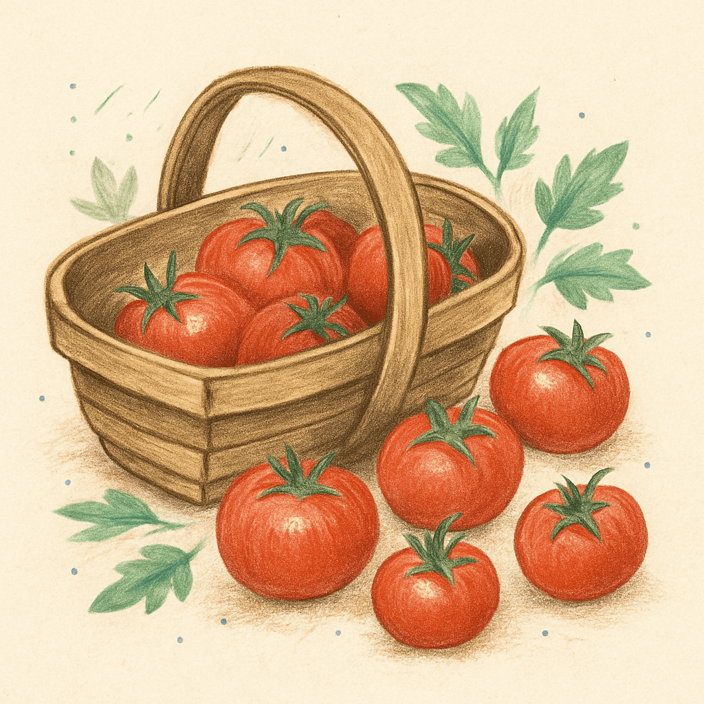 A wooden basket filled with ripe red tomatoes, with a few tomatoes scattered around it, surrounded by green leaves.