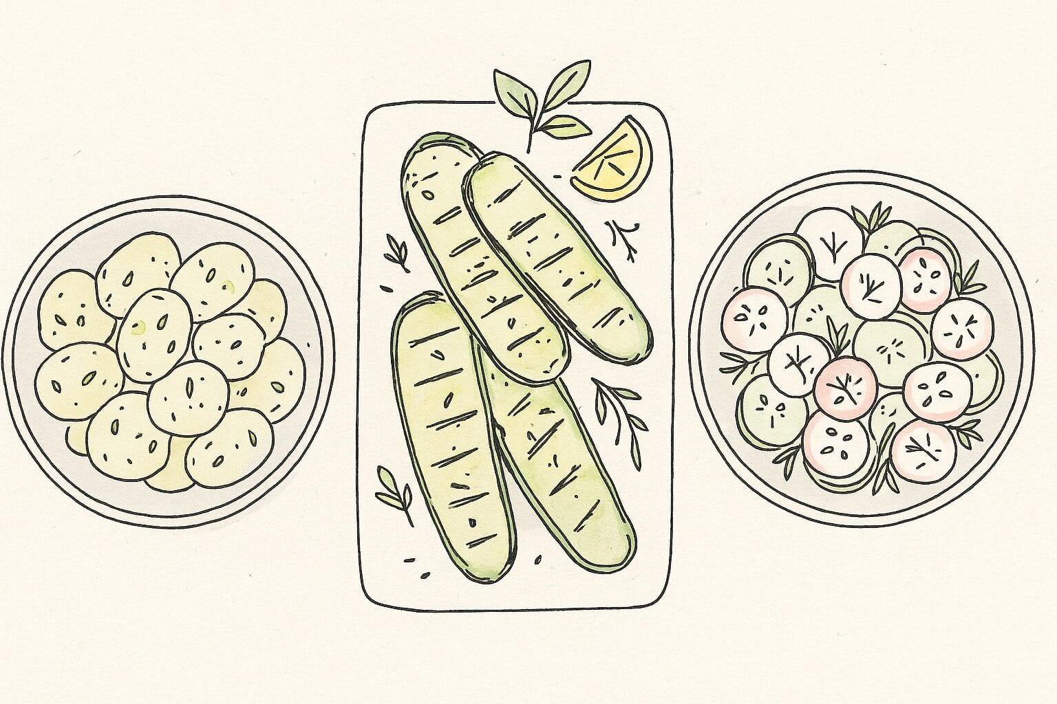 Hand-drawn illustration of three summer salads: a bowl of sliced new potatoes, a plate of chargrilled courgette with lemon, and a bowl of radish and cucumber salad. The sketch features fine ink lines with subtle watercolour-style highlights in green, yellow, and pink.