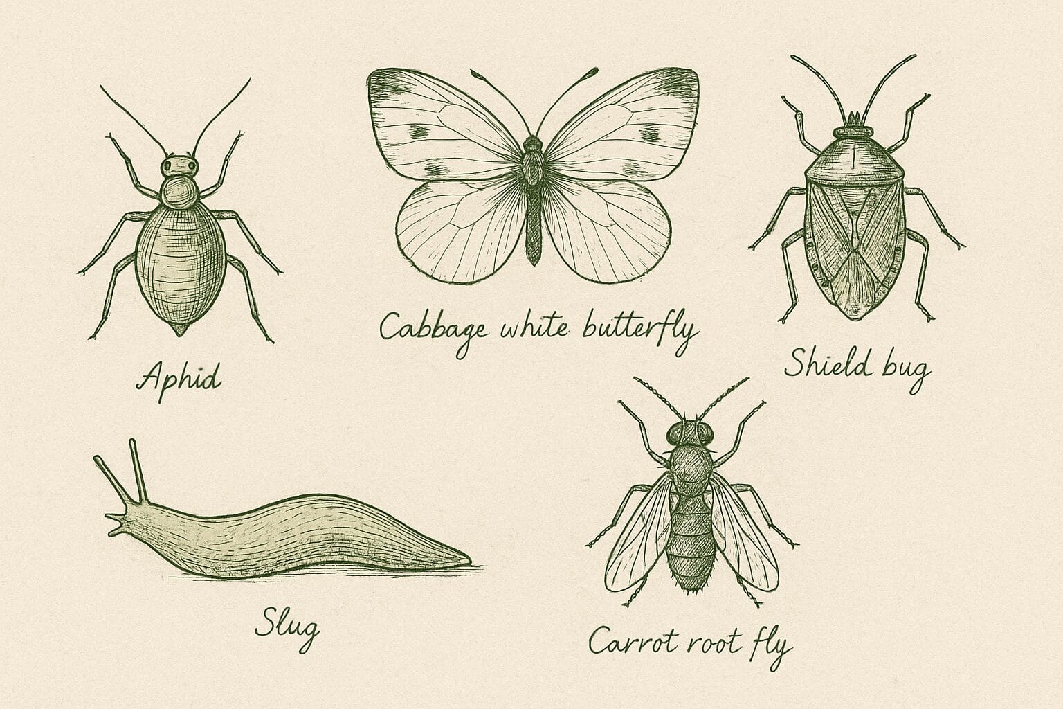 Hand-drawn vintage-style scientific illustration of common garden pests, including an aphid, cabbage white butterfly, shield bug, slug, and carrot root fly, drawn in fine ink lines with cursive labels on aged paper.