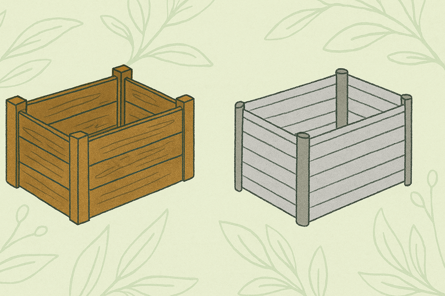 Illustration of two raised garden beds side by side, one made of wood and the other aluminium, set in a landscaped garden with visible soil and young vegetable plants.