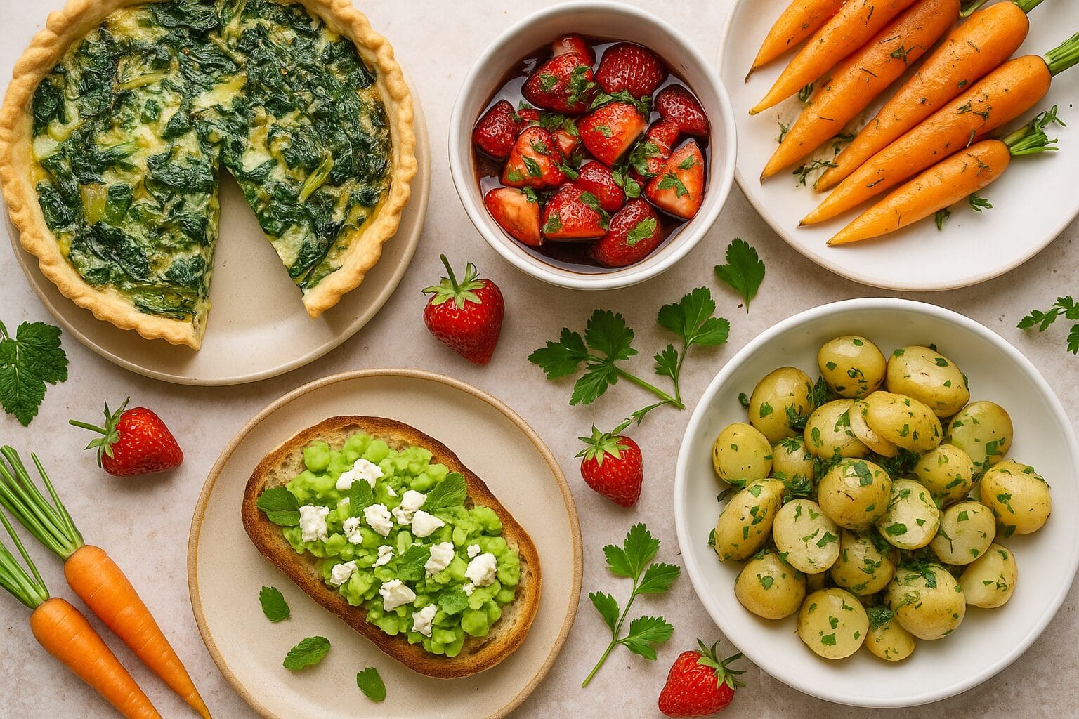 A vibrant overhead view of seasonal summer dishes including a spinach and chard tart, balsamic strawberries with mint, honey-glazed baby carrots, herbed new potato salad, and broad bean bruschetta, all arranged on a light surface with scattered fresh herbs and strawberries.