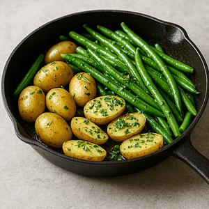 One-Pan Dinners Using Homegrown Veg: A close-up photo of a cast iron skillet filled with vibrant green beans and halved new potatoes drizzled with melted herb butter, set on a light stone kitchen surface.